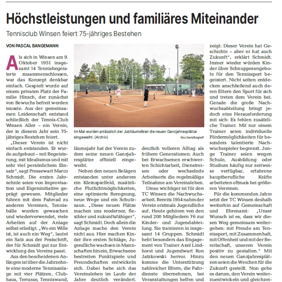 Artikel des Westkreis-Journal über das 75-jährige Bestehen des TCW